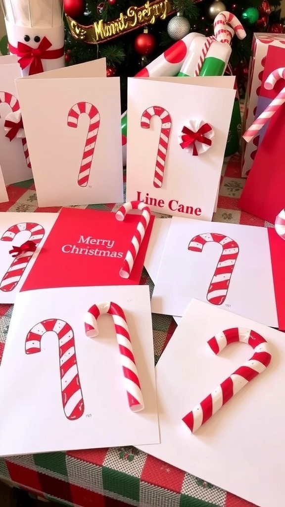 Handmade Christmas cards with candy cane designs on a festive table.
